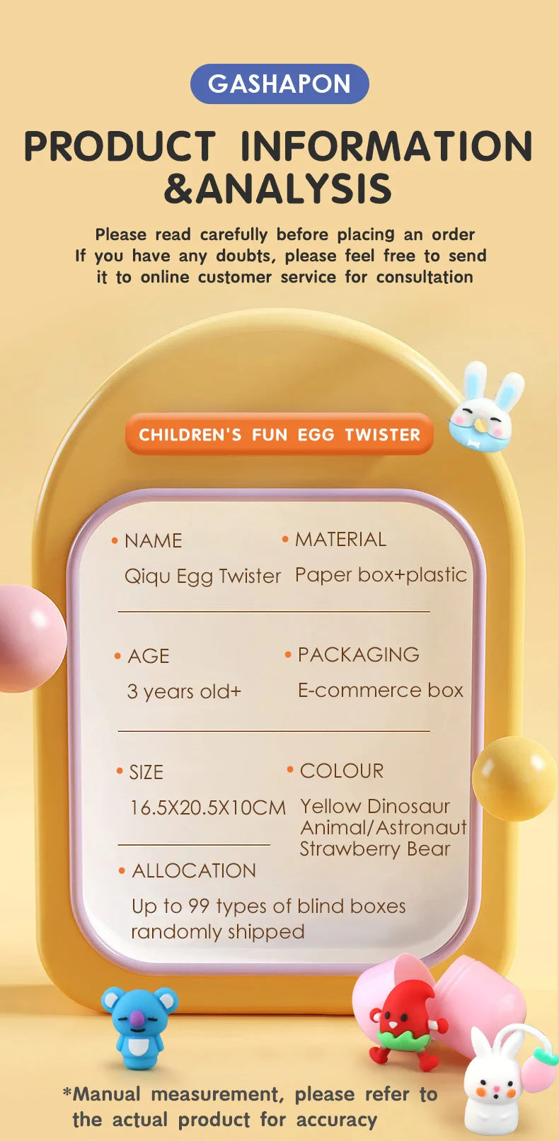 A yellow egg twister toy with a strawberry bear theme is shown, packaged for sale.