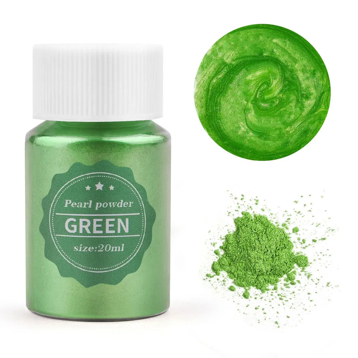 A glass jar of green pearl powder next to a swirling green liquid and a pile of green powder.