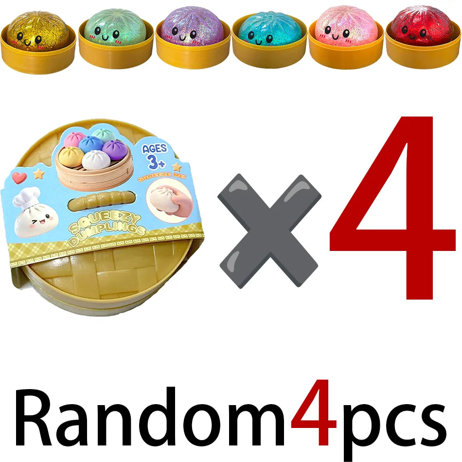 A set of four colorful glitter dumpling squishy stress relief toys in yellow containers.