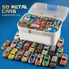 A white storage box filled with numerous die-cast mini racing cars of various colors and designs.