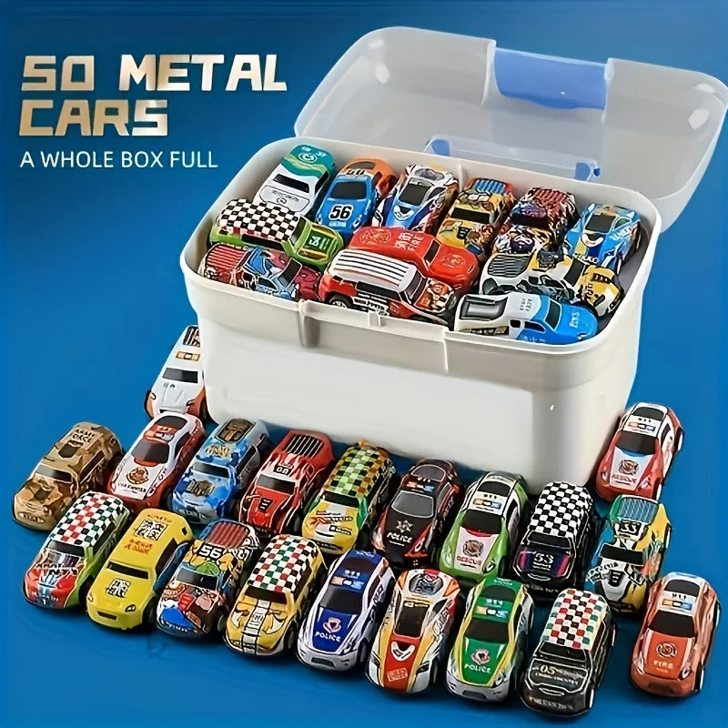 A white storage box filled with numerous die-cast mini racing cars of various colors and designs.