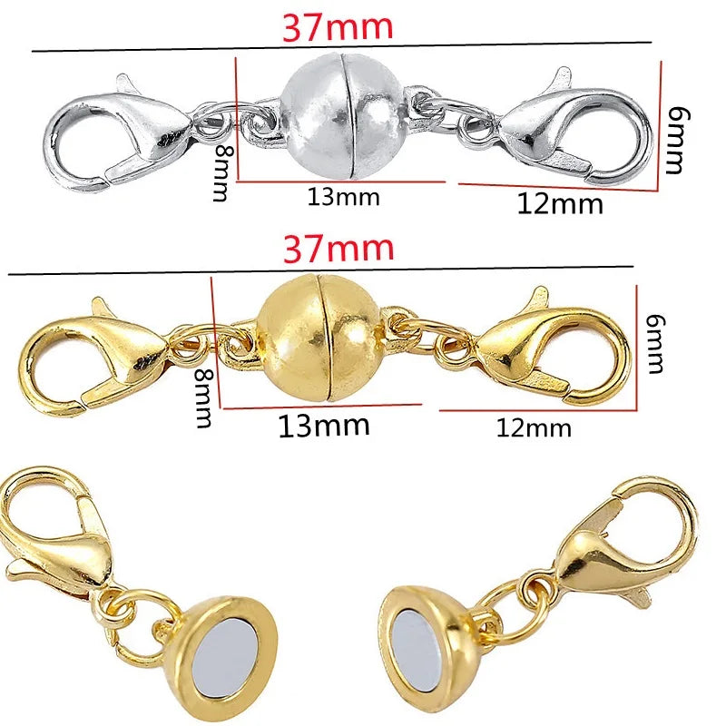 A set of five gold-colored magnetic lobster claw clasps for jewelry making displayed with various sizes and dimensions.