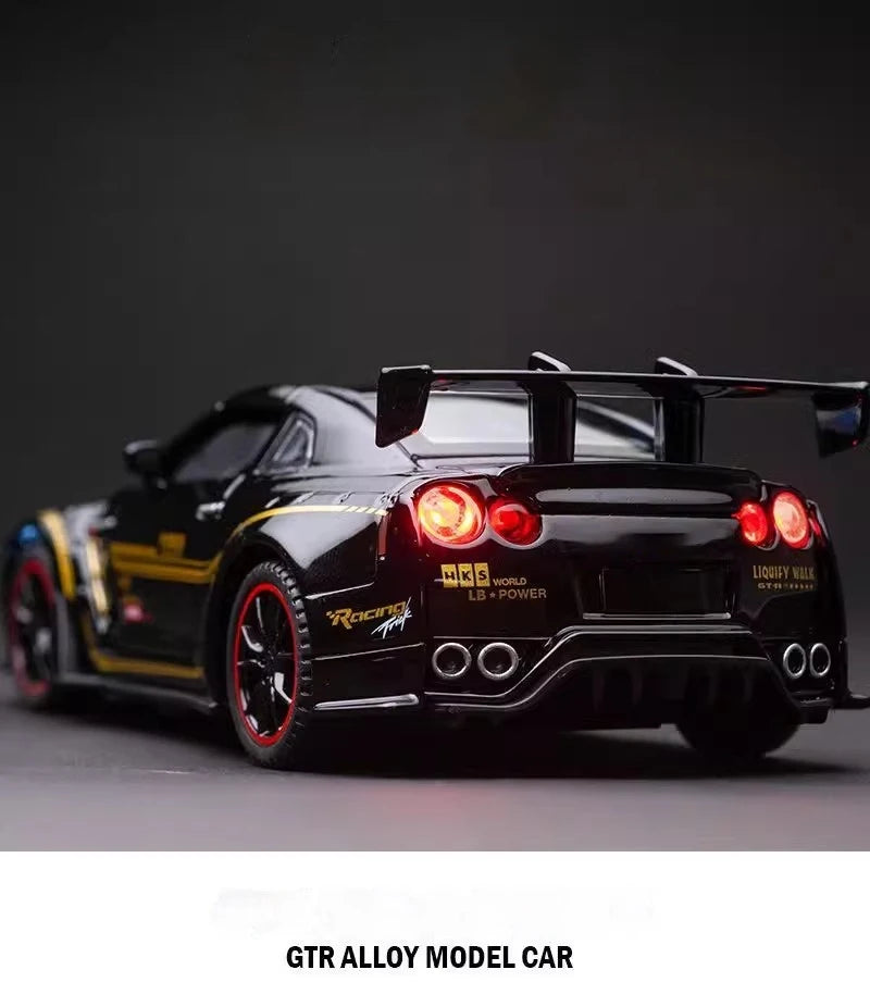 Black Nissan GTR model car with racing details and light effects displayed against a dark background.