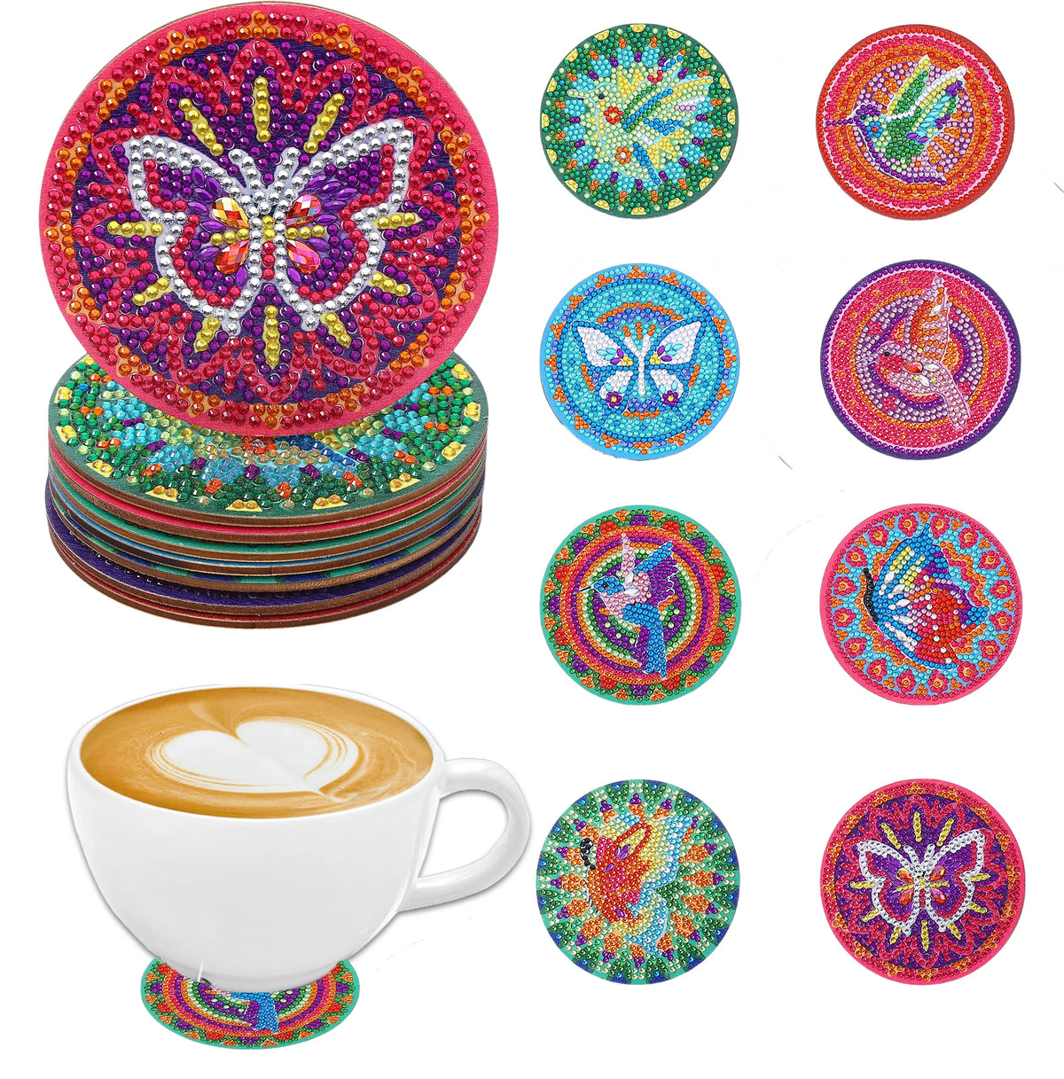 A set of DIY diamond art coasters featuring colorful animal designs like butterflies and birds.