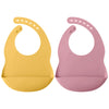 A pair of silicone baby bibs, one yellow and one pink, with adjustable necks.