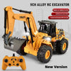 A yellow 9CH alloy RC excavator toy with a black cab and a remote control transmitter is shown.