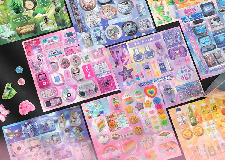 A collection of die-cut stickers featuring kawaii cyber and vintage starlight themes in various colors and designs.
