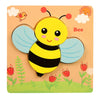 A yellow bee wooden puzzle set featuring a bee with large blue wings and a happy face on a light background.