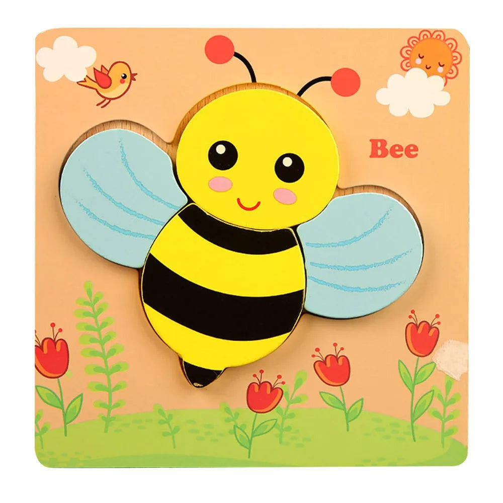 A yellow bee wooden puzzle set featuring a bee with large blue wings and a happy face on a light background.