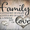 Text graphic featuring the word Family and a heart shape with the word love on a textured background.