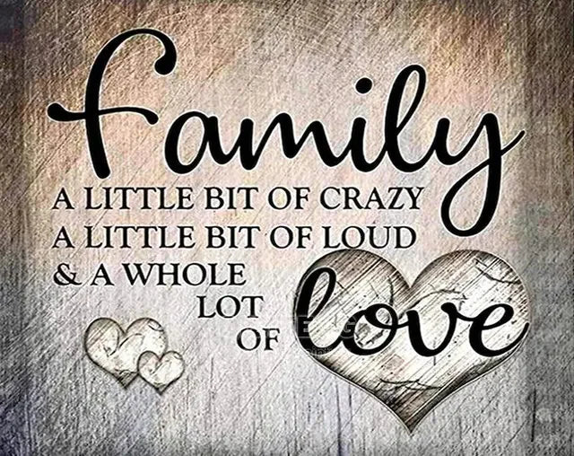 Text graphic featuring the word Family and a heart shape with the word love on a textured background.