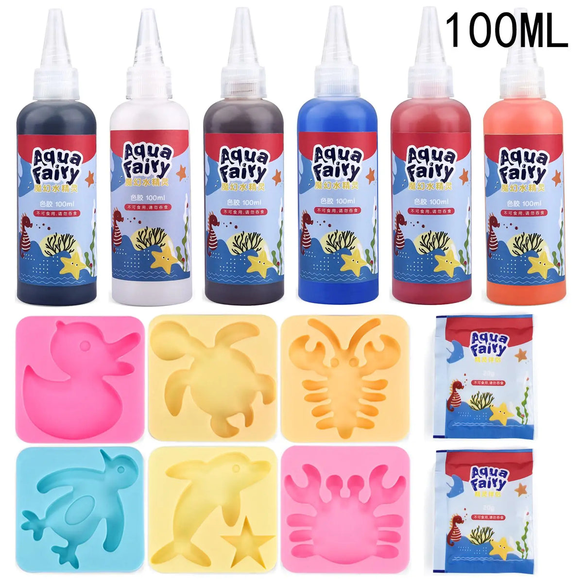 A collection of 100ml Aqua Fairy liquid products and various silicone molds for DIY craft kits.