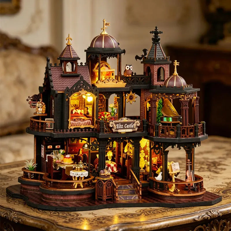 A detailed wooden miniature castle dollhouse kit featuring architecture, furniture, and decorative elements.