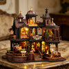 A detailed wooden miniature castle dollhouse kit featuring architecture, furniture, and decorative elements.