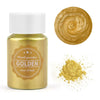 A glass jar of golden pearl powder next to a circular swatch of the same gold color and loose powder.