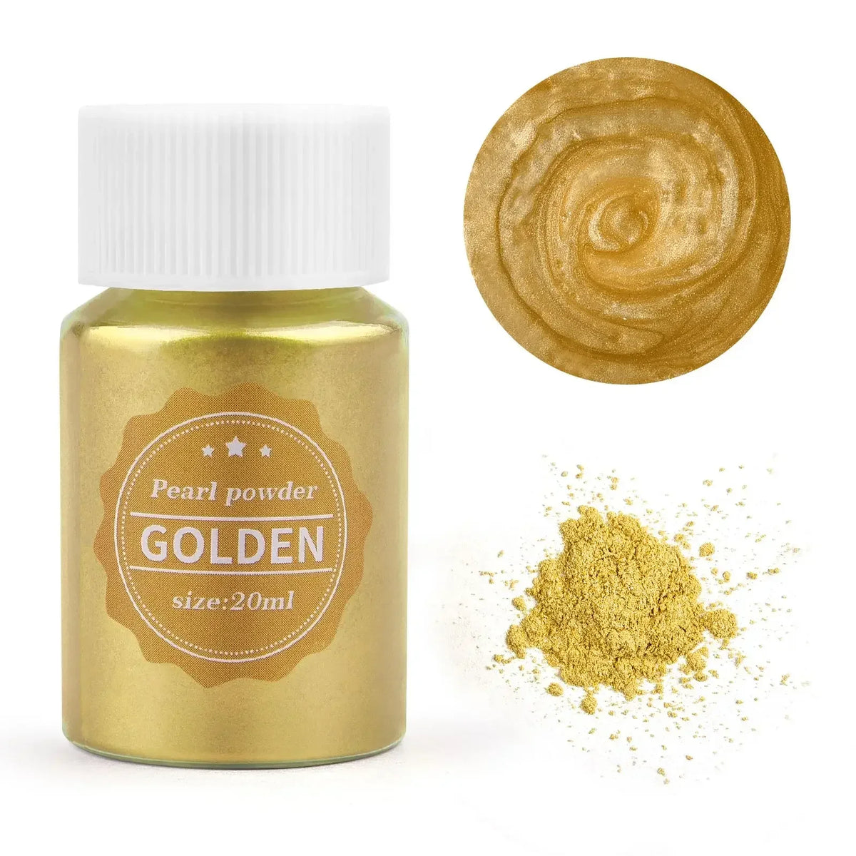 A glass jar of golden pearl powder next to a circular swatch of the same gold color and loose powder.