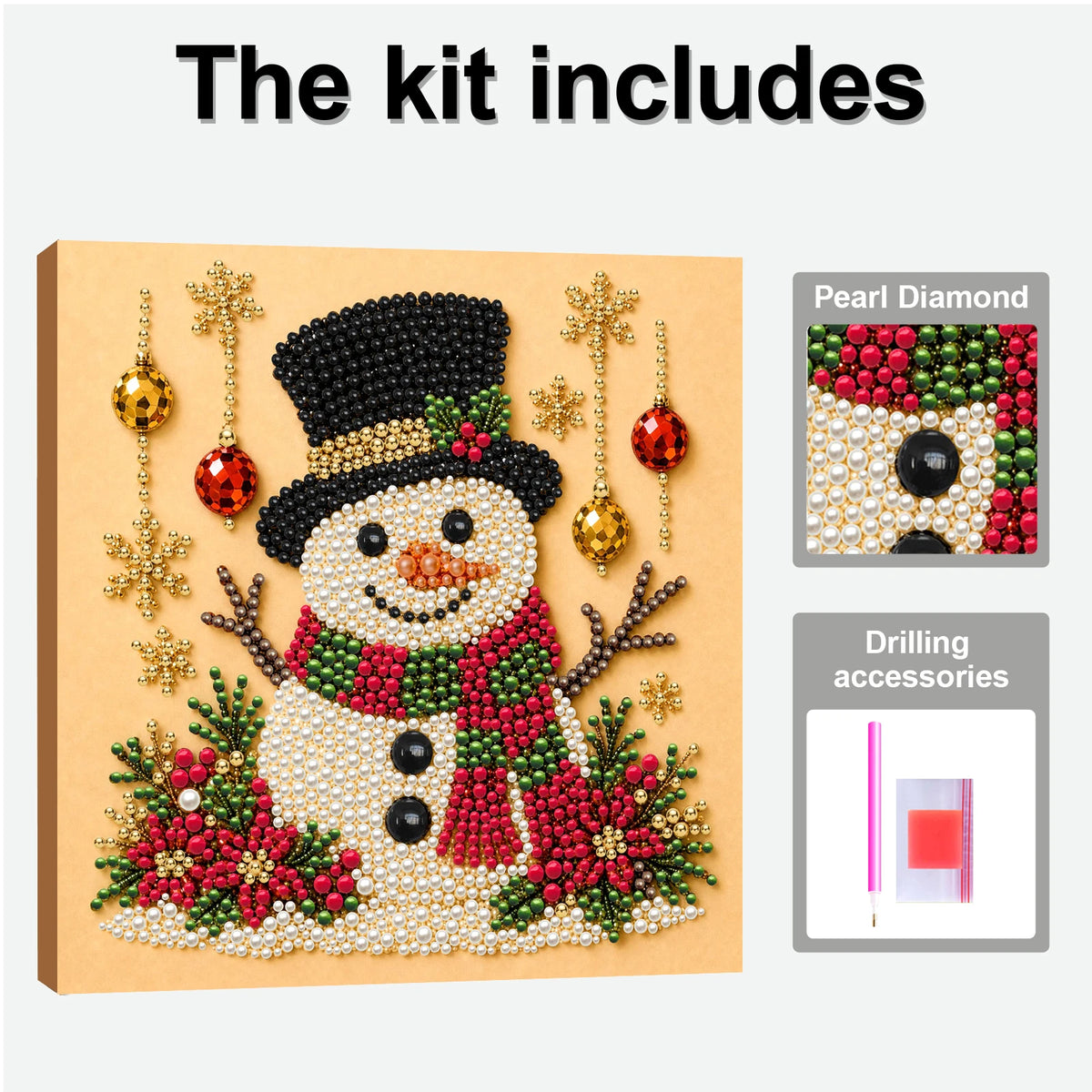 A kit for pearl diamond painting featuring a snowman design with various bead and gem accessories.