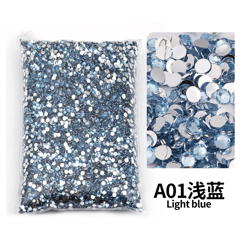 Bag of light blue flat-back resin rhinestones for DIY craft and nail art