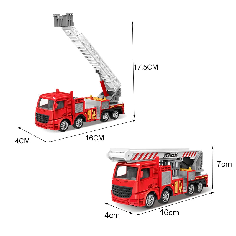 Red die-cast fire fighting vehicle set with a ladder truck and water cannon displayed in side view.