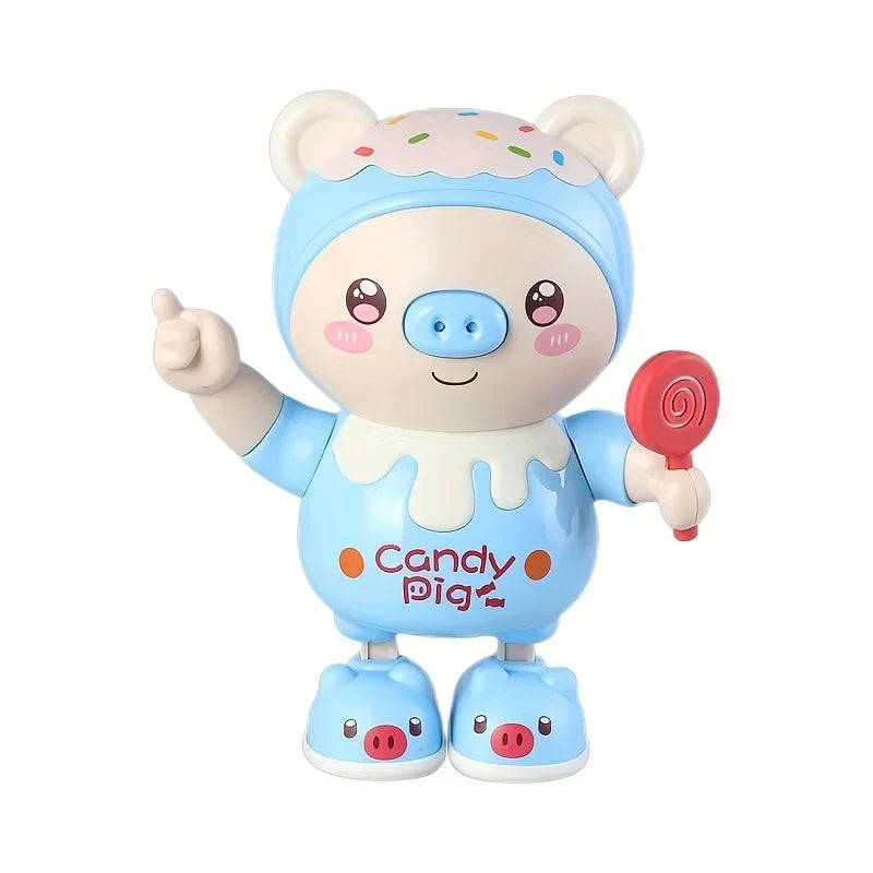 A cute, light blue pig toy with pink accents and a red lollipop, designed for interactive play.