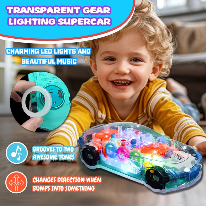 A smiling toddler holds a transparent LED car toy that glows and makes music.