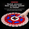 A hand points at a red game wheel with alphabet tiles to start a countdown for a quick answer game.