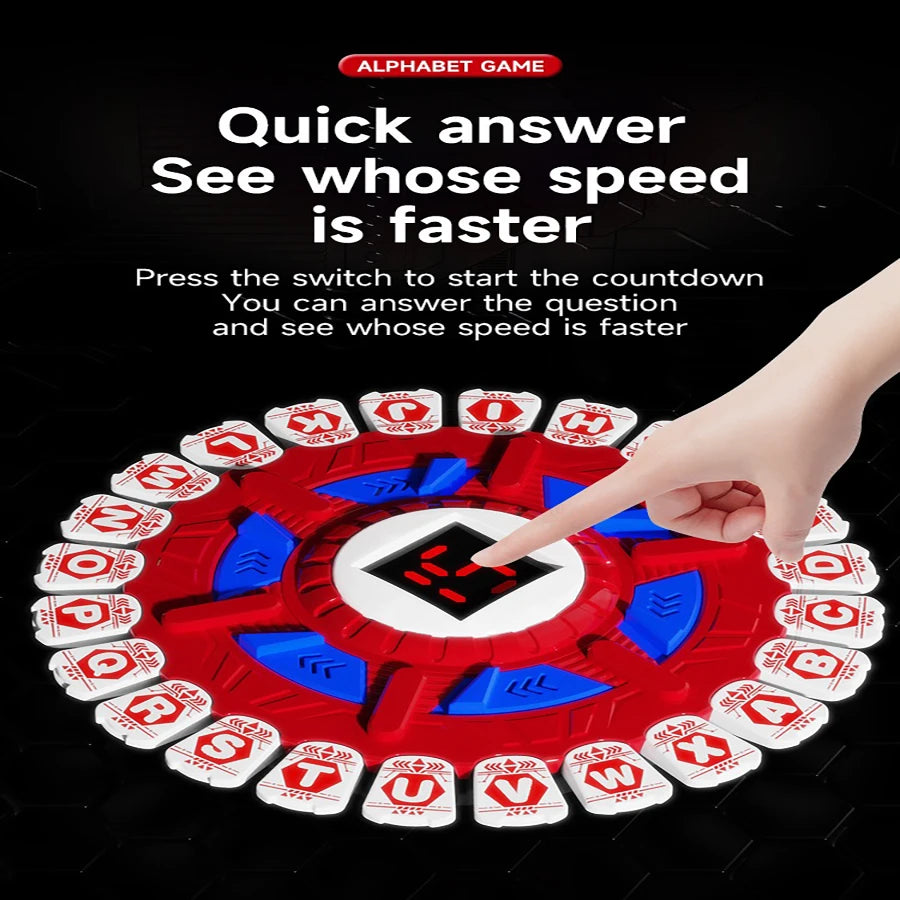A hand points at a red game wheel with alphabet tiles to start a countdown for a quick answer game.