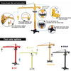 Instruction diagram and four color options for a crane tower set including red, green, yellow, and black models