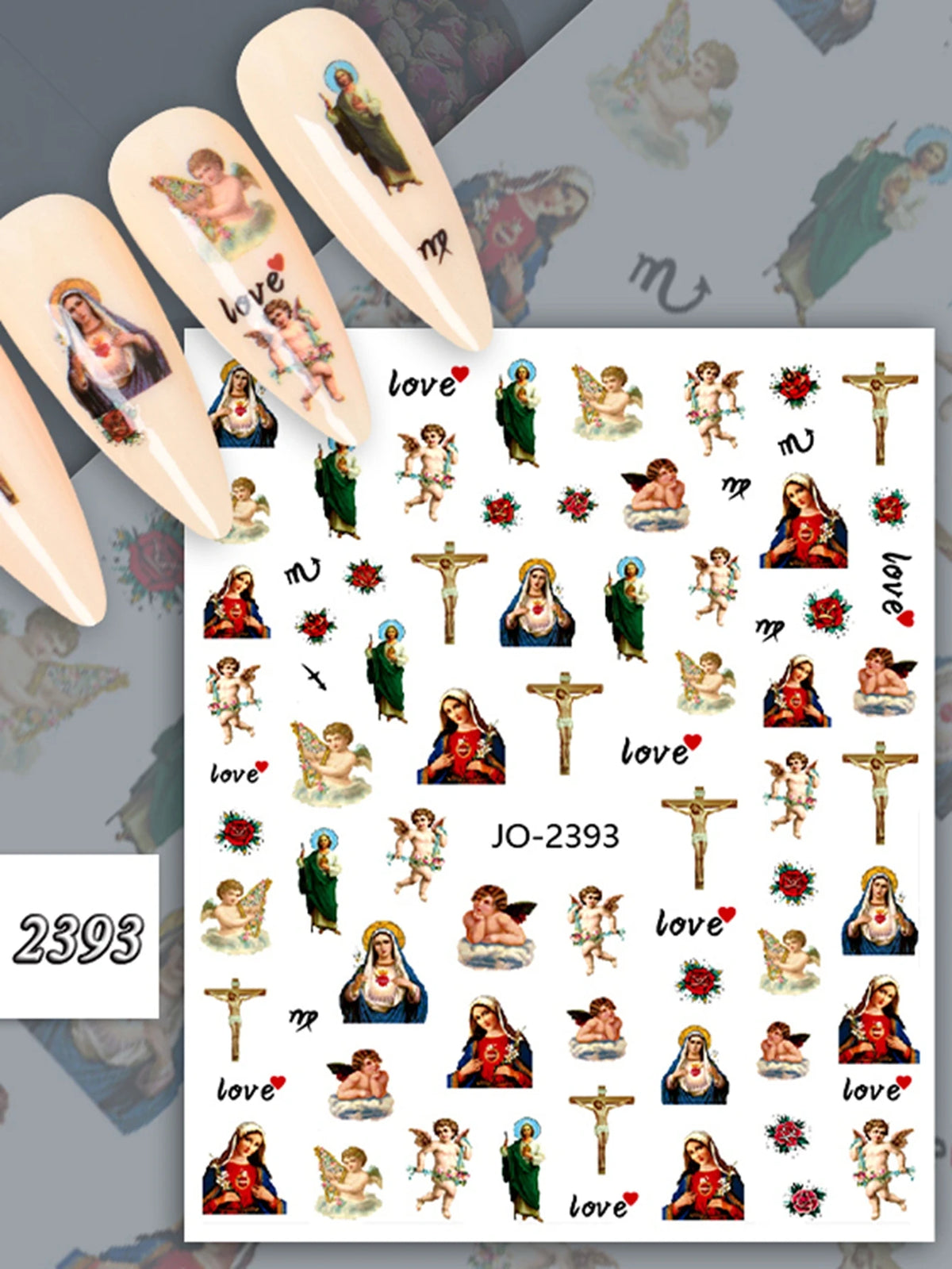 Vintage angel and saint nail art stickers featuring cherubs, angels, and crosses in various colors