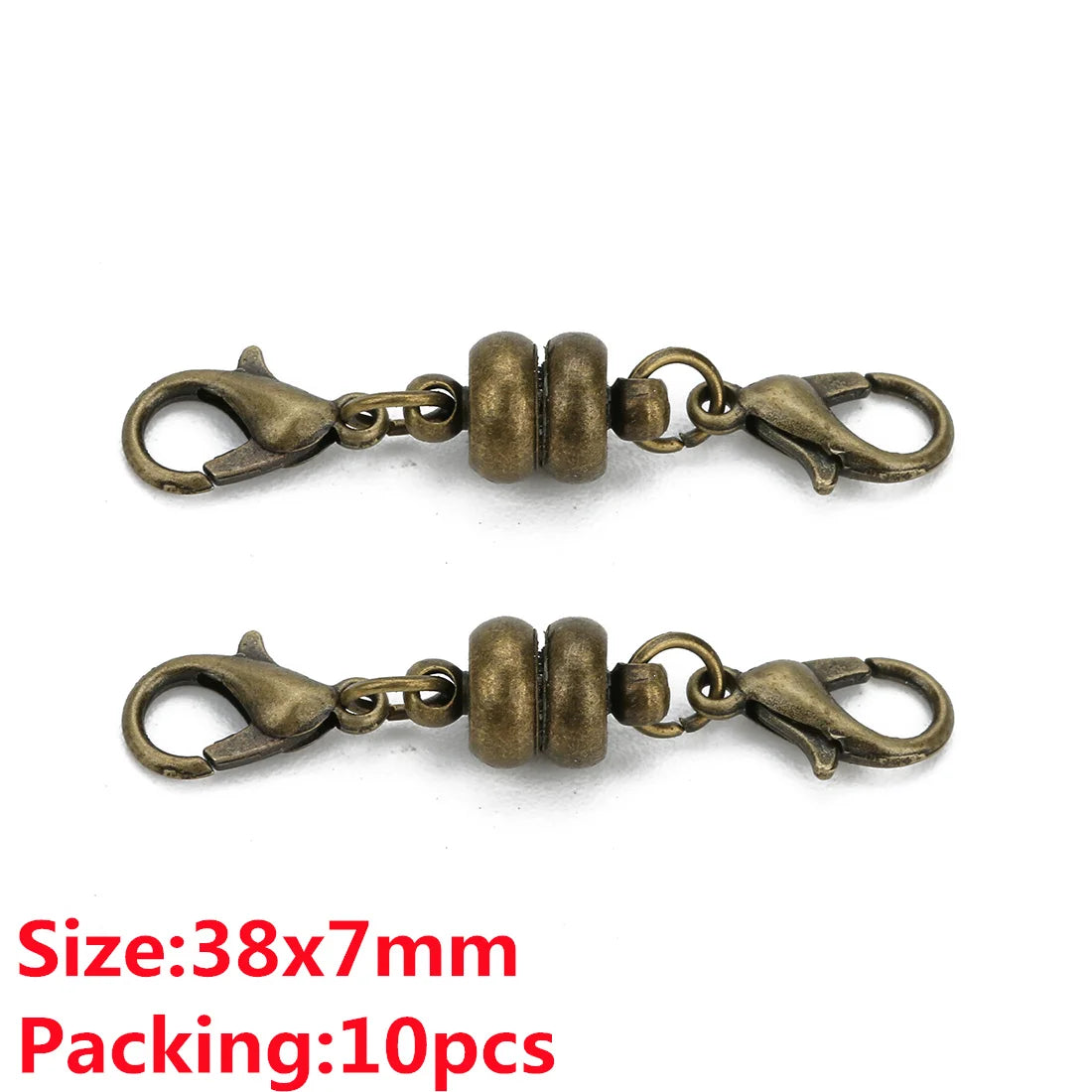 A pair of antique brass magnetic clasps for jewelry making, packaged in a 10-piece set.