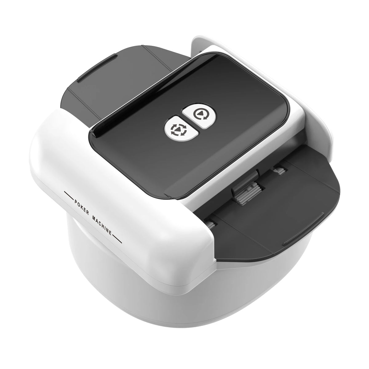 A white automatic 2-deck card shuffler device with a black lid and two buttons.