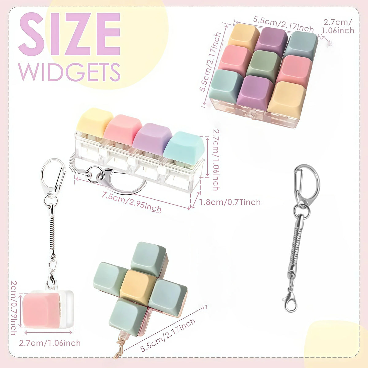 A collection of colorful silicone widgets and a pink keyboard fidget toy with a keychain.