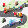 A set of magnetic wooden number train cars in various colors and sizes, including 0 through 10.