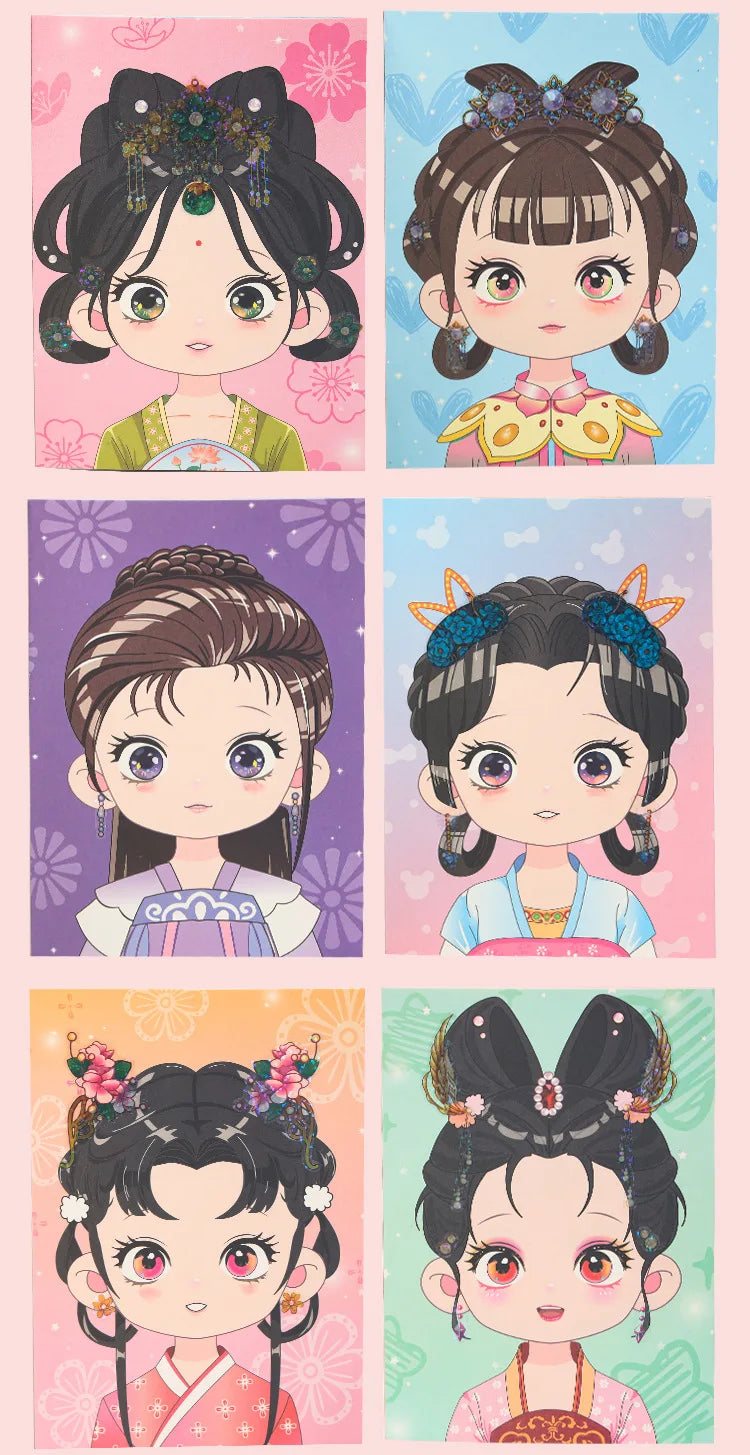 A set of six anime-style princess characters with detailed hair and clothing designs.