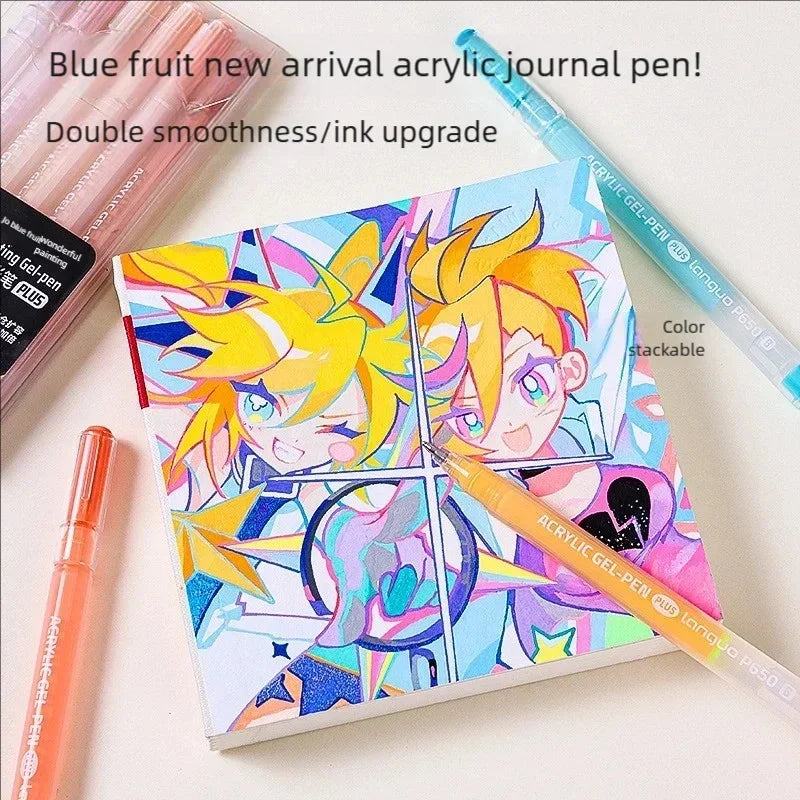 A set of blue fruit new arrival acrylic journal pens featuring vibrant colors and designs.