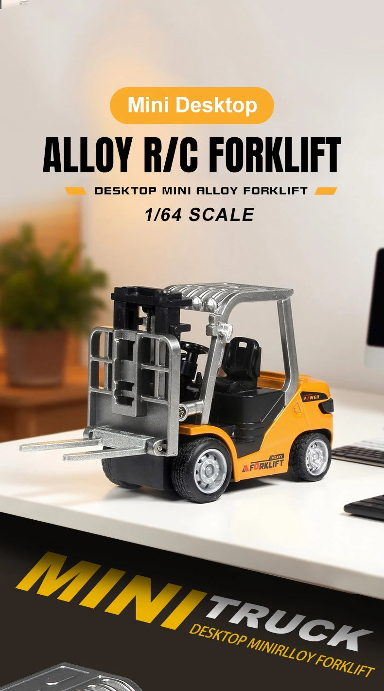 A yellow mini alloy forklift model is shown on a white surface, highlighting its desktop miniature design.