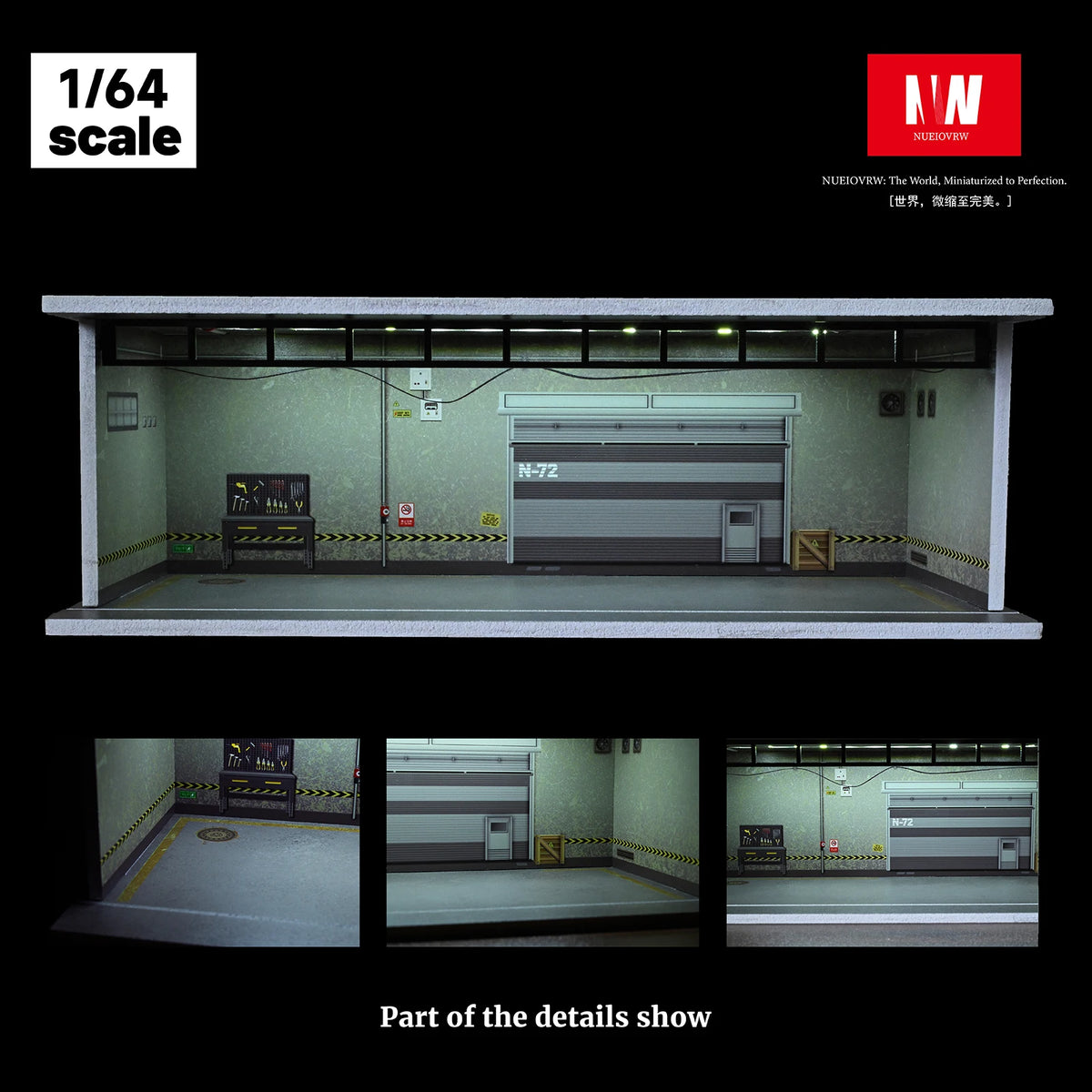 A 1/64 scale modular car display garage featuring an acrylic showcase and detailed interior components.