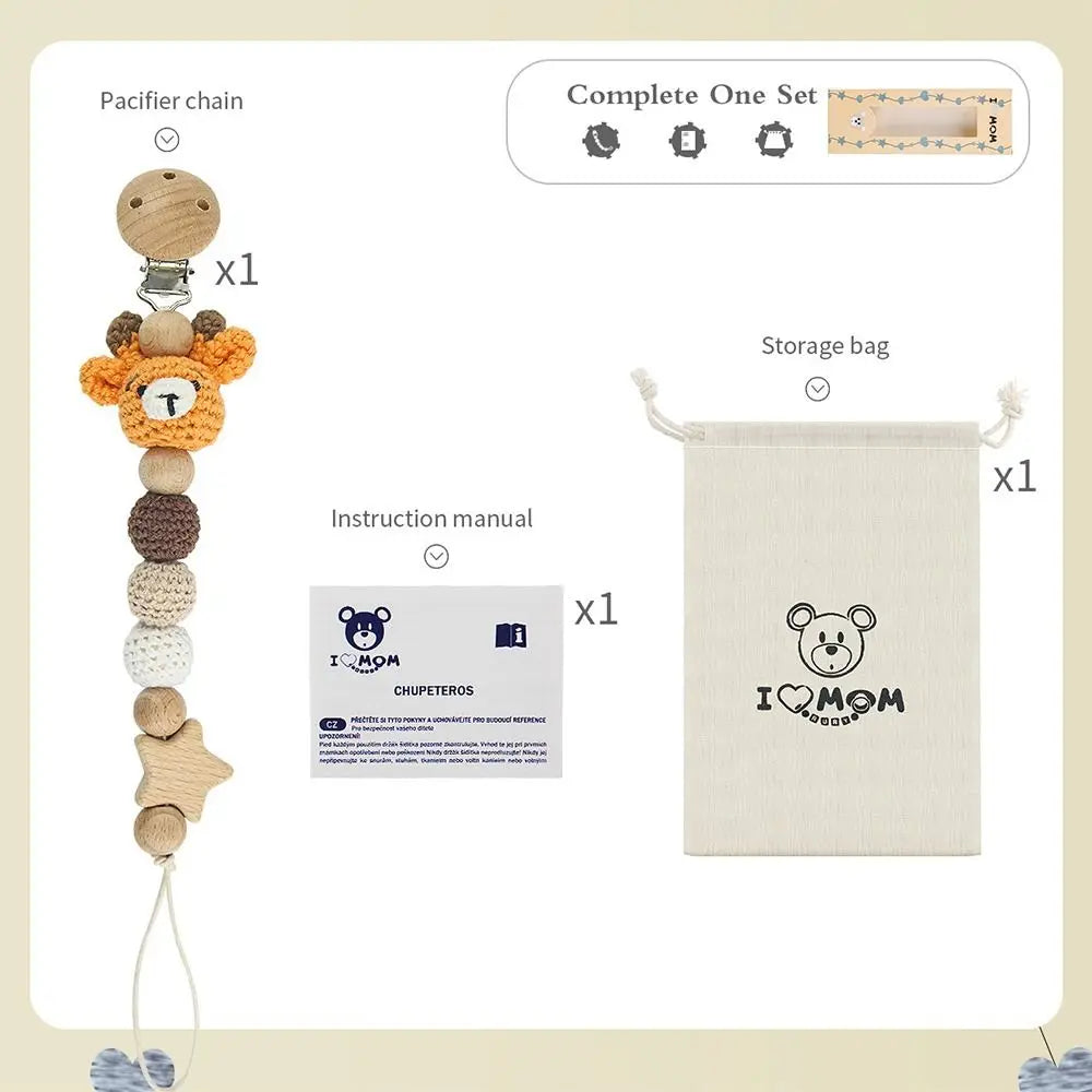 Wooden Baby Pacifier Clip with Crochet Charms