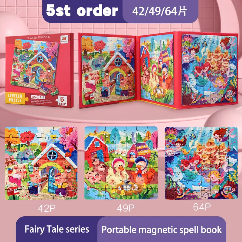 A set of magnetic puzzle books featuring fairy tale scenes and various themes like vehicle, ocean, and dinosaur.