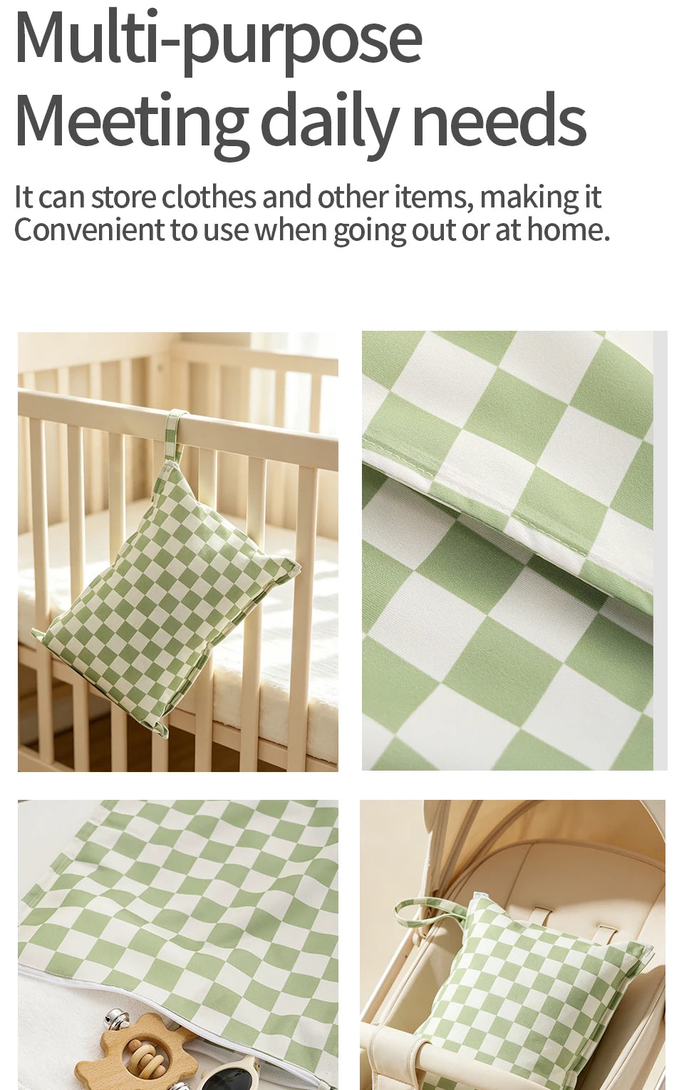 A green and white checkered fabric item, possibly a diaper cover or storage bag, is shown in various contexts.