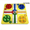 A yellow Ludo board game with colored pieces and a grid layout for family fun.