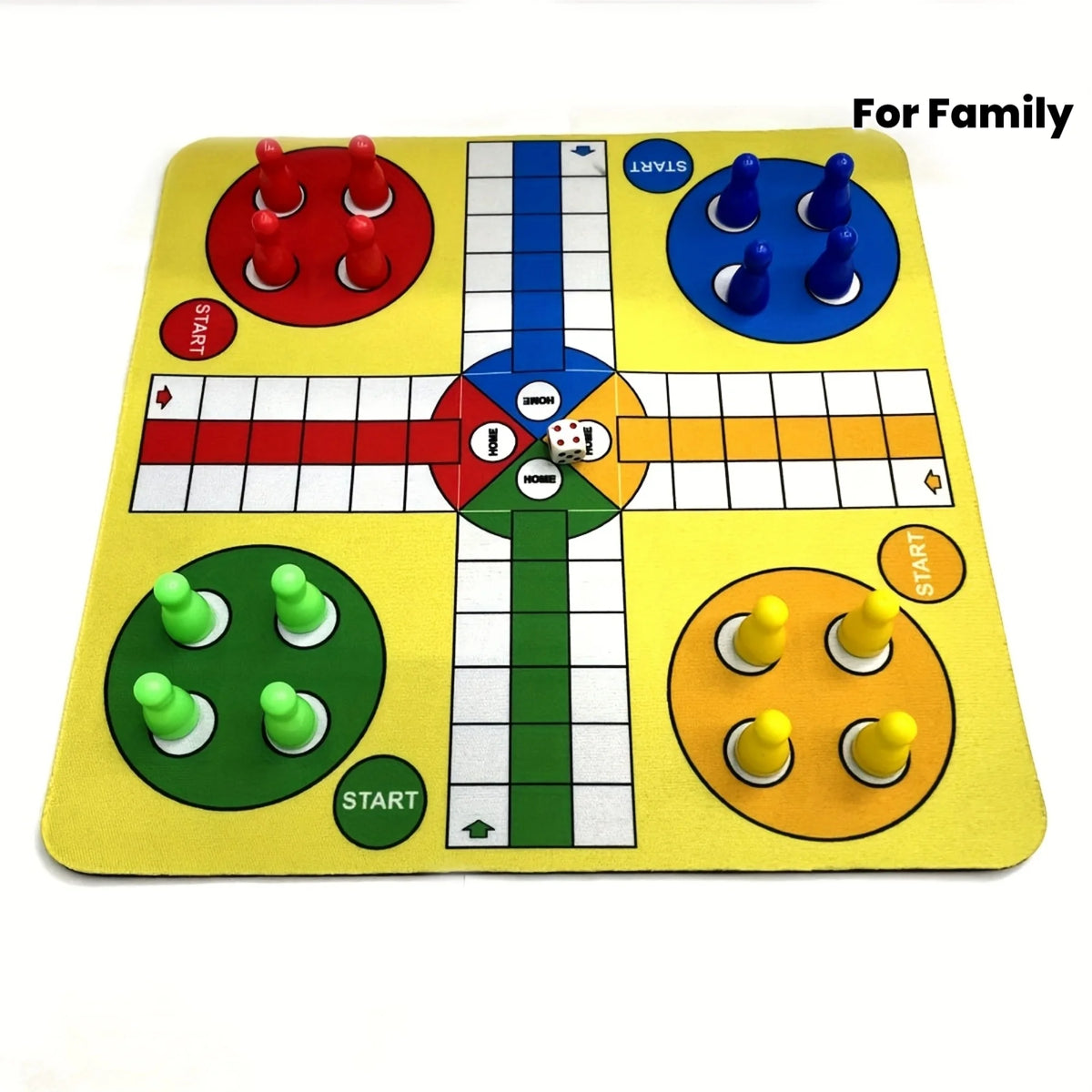 A yellow Ludo board game with colored pieces and a grid layout for family fun.