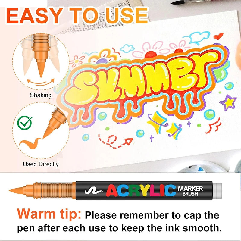 Acrylic marker brush pen with a warm tip shown next to a piece of paper.