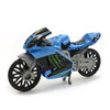 A blue and black vintage-style pull-back motorcycle toy car with detailed features.
