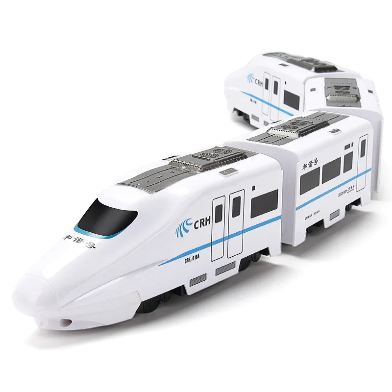 A white electric high-speed railway train toy with lights and sounds, shown from the side.