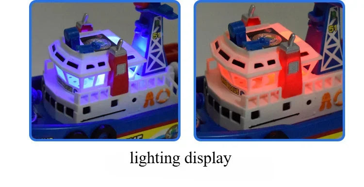 A toy marine rescue boat with lights and a red cabin, shown in two views.