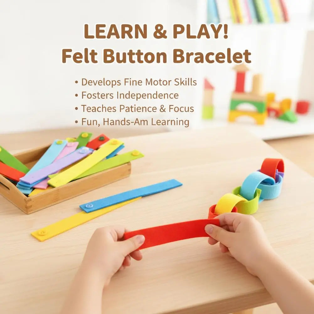 Hands are assembling a red felt button bracelet for fine motor skill development.