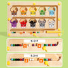 A wooden counting board with magnetic cups and a number maze for practicing addition and subtraction.