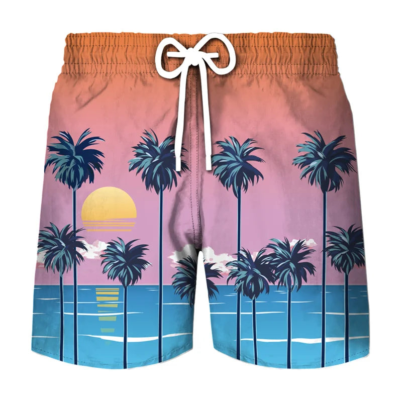 Men's beach swim shorts with a tropical coconut tree print in pink and blue tones.