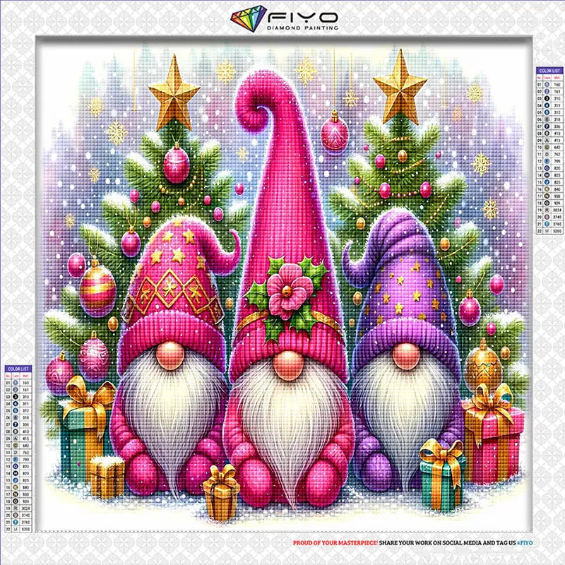 Diamond painting kit featuring a festive Christmas scene with colorful gnomes and decorated fir trees